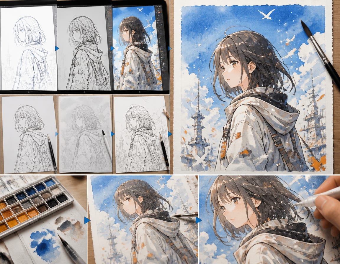 From Digital to Paper: Techniques for Hybrid Anime Illustrations