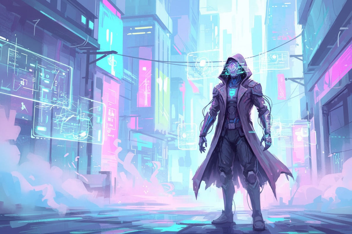Artistic cyberpunk hacker banner with neon lighting and futuristic anime aesthetic
