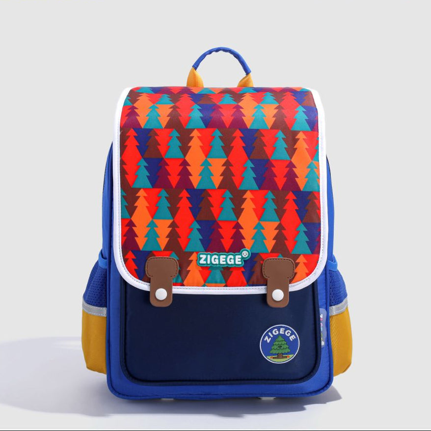 Colorful backpack with tree pattern and 'ZIGEGE' branding on a white background