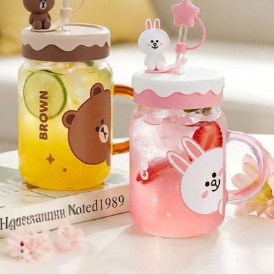 Line Friends Glass Tumbler with Straw Lid – Brown & Cony