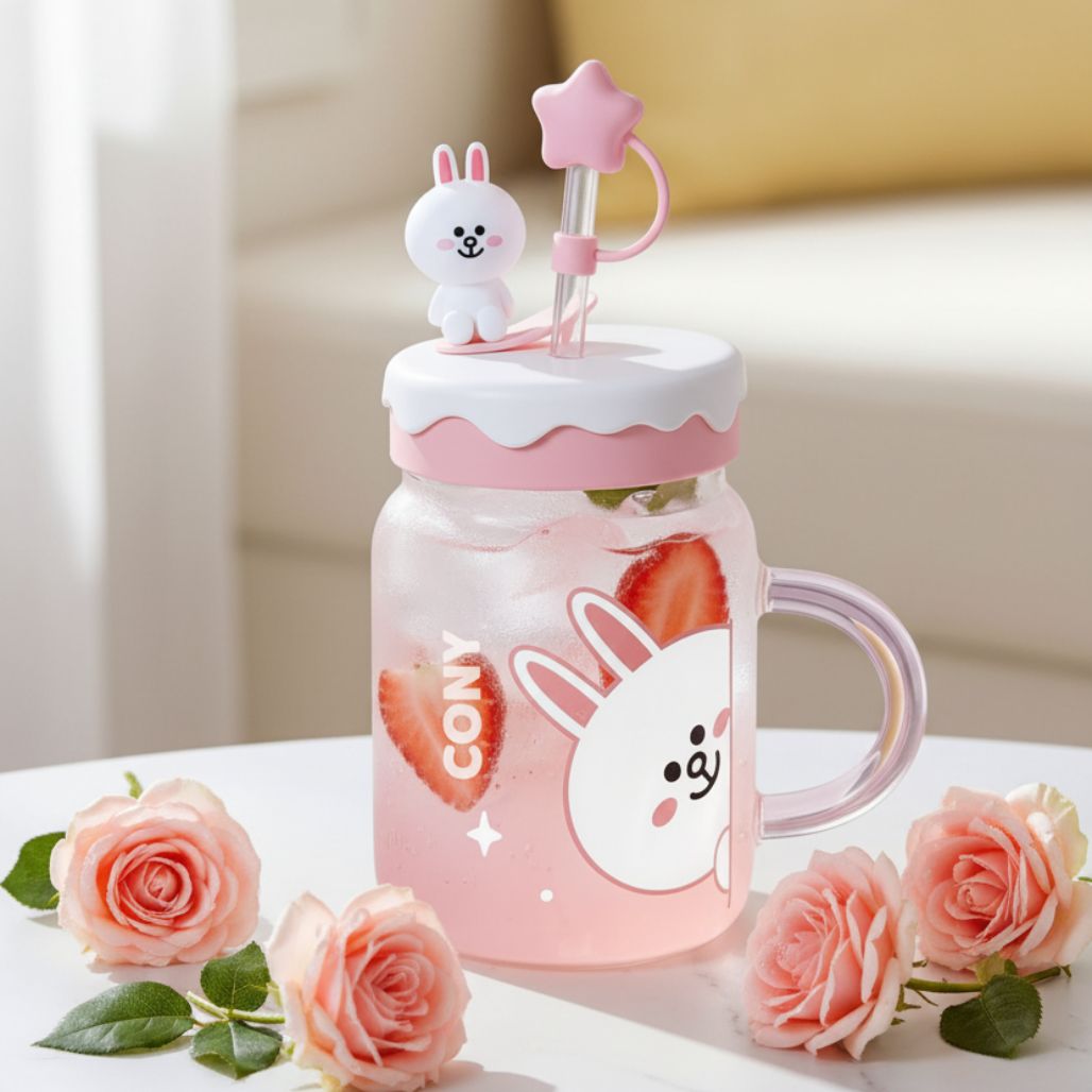 Line Friends Glass Tumbler with Straw Lid – Brown & Cony