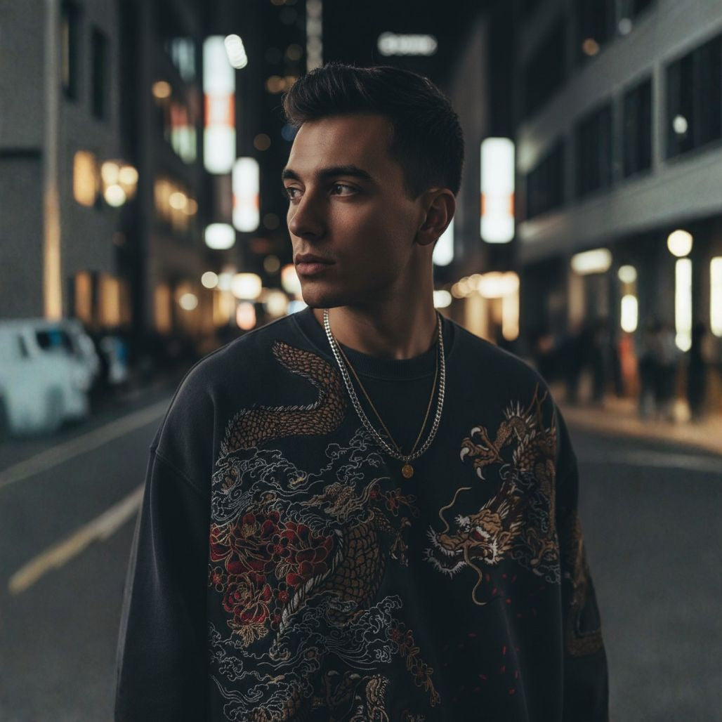 Anime Dragon Crewneck Intricate Embroidery Sweatshirt