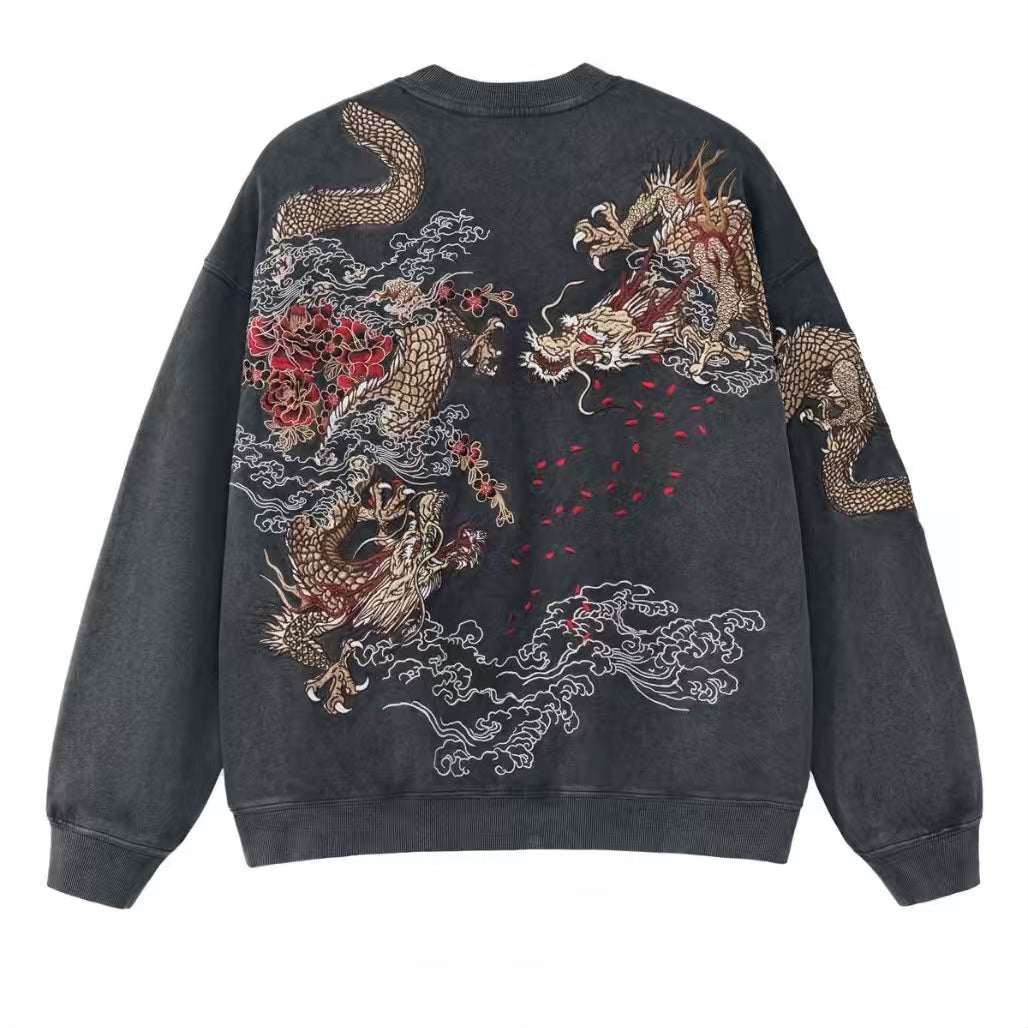 Anime Dragon Crewneck Intricate Embroidery Sweatshirt