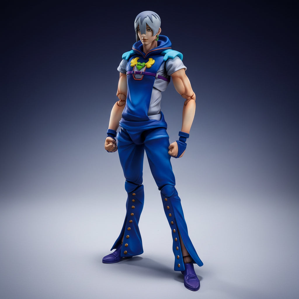 Action figure in blue outfit with purple shoes on a light blue background