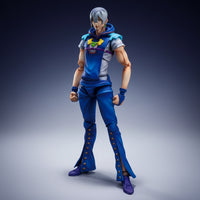 Action figure in blue outfit with purple shoes on a light blue background