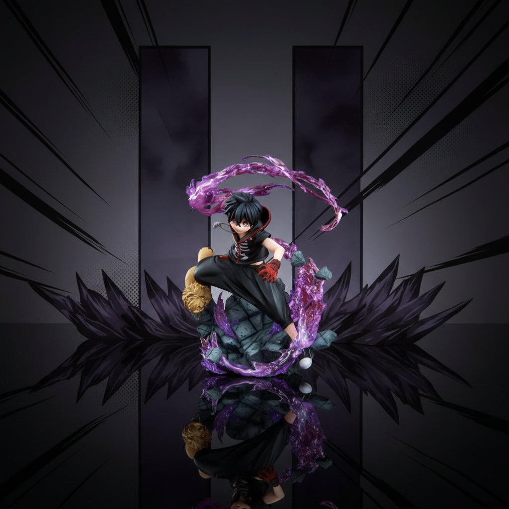 Animated character with black hair and a lion, surrounded by purple energy on a white background