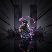 Animated character with black hair and a lion, surrounded by purple energy on a white background