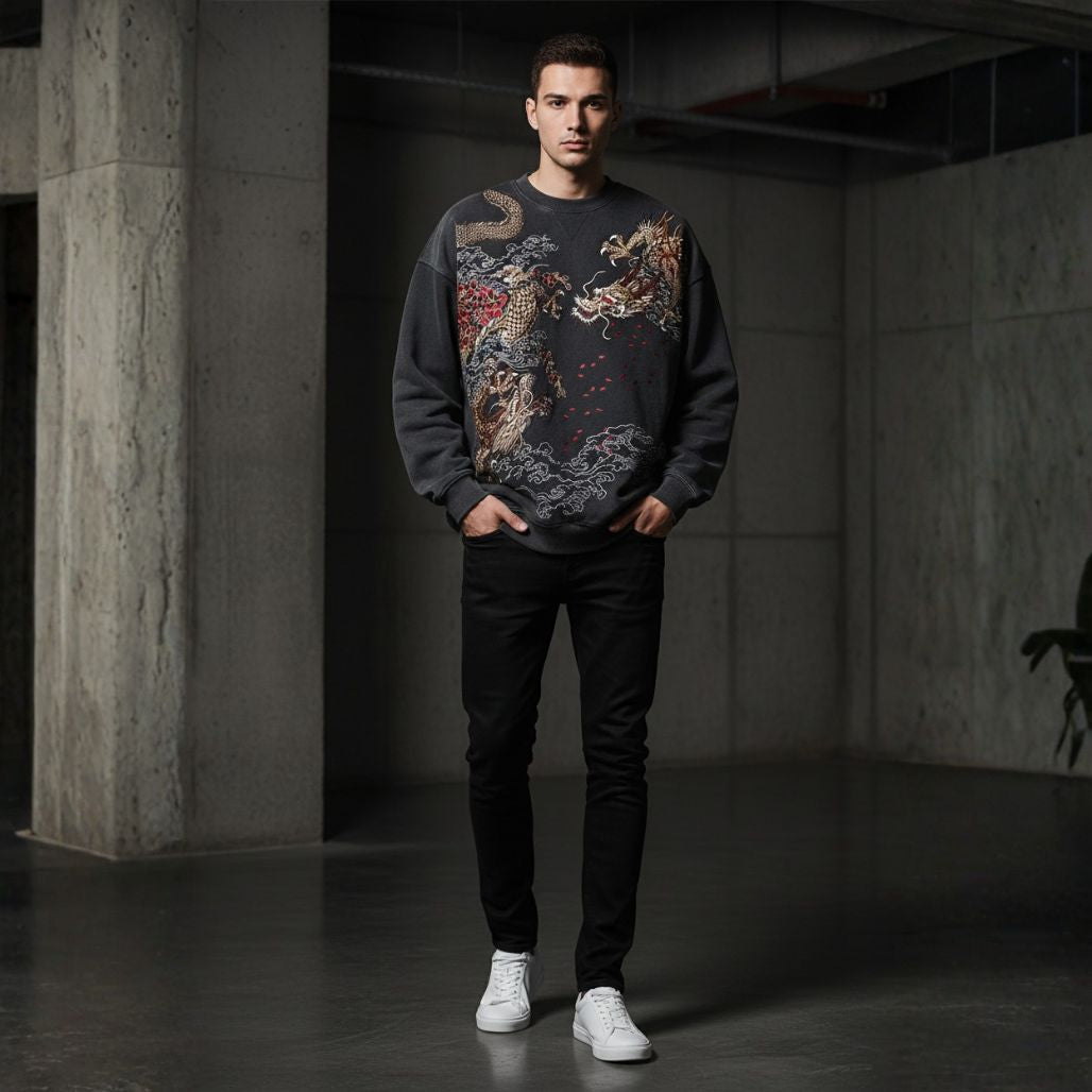 Anime Dragon Crewneck Intricate Embroidery Sweatshirt