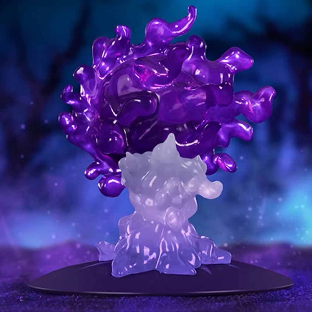 Purple and white abstract sculpture against a dark, starry background