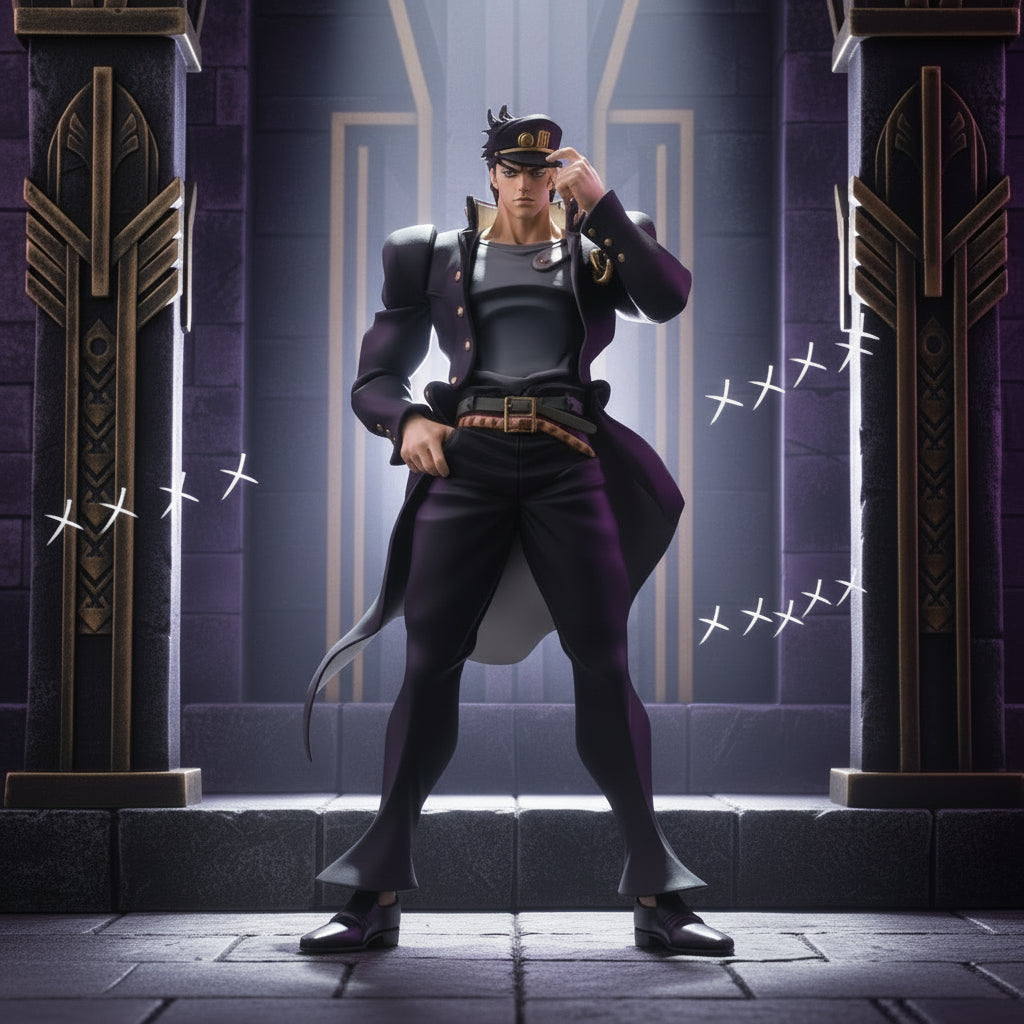 Action figure in black outfit with a hat on a white background