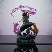 Action figure with dynamic pose and purple energy effect on a white background