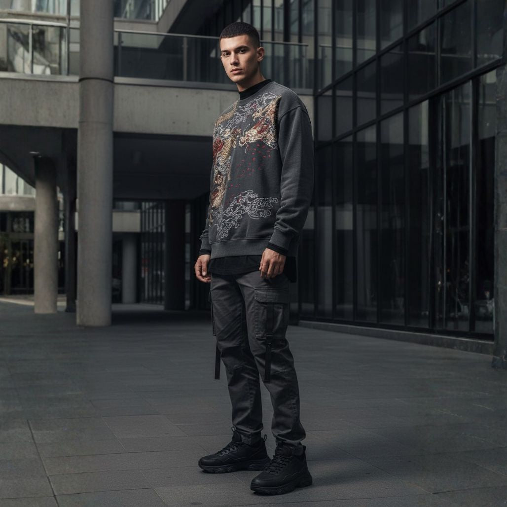 Anime Dragon Crewneck Intricate Embroidery Sweatshirt