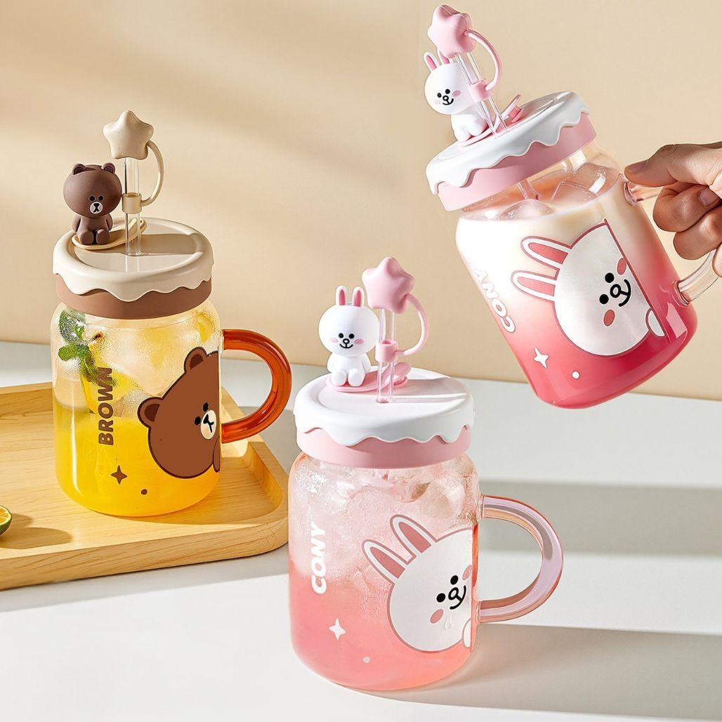 Line Friends Glass Tumbler with Straw Lid – Brown & Cony