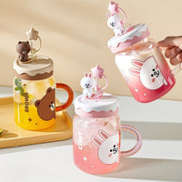 Line Friends Glass Tumbler with Straw Lid – Brown & Cony