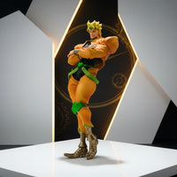 Action figure in orange and green outfit on a white background