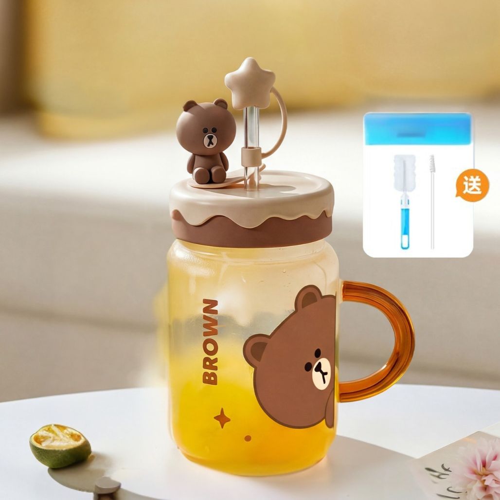Line Friends Glass Tumbler with Straw Lid – Brown & Cony