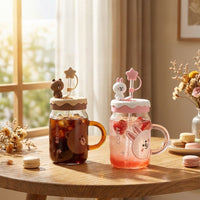 Line Friends Glass Tumbler with Straw Lid – Brown & Cony