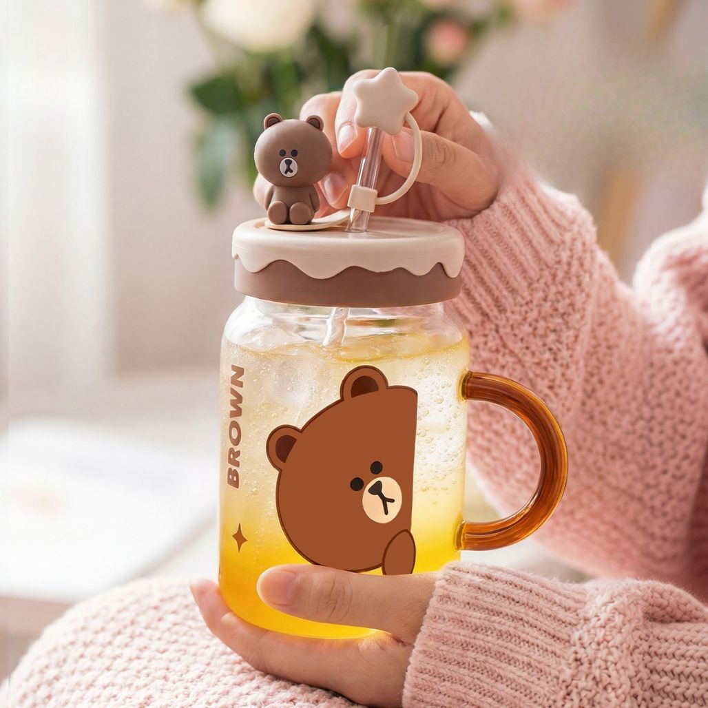 Line Friends Glass Tumbler with Straw Lid – Brown & Cony
