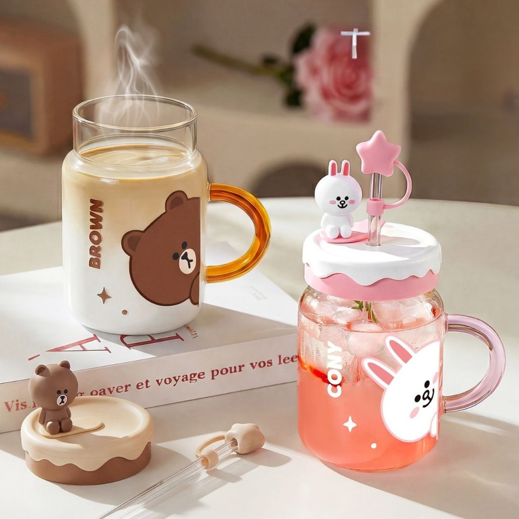 Line Friends Glass Tumbler with Straw Lid – Brown & Cony