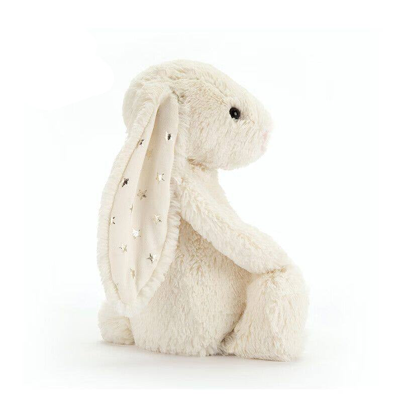 Soft plush bunny toy by Jellycat with star-shaped ears, in white or gray, featuring a cuddly and adorable design.