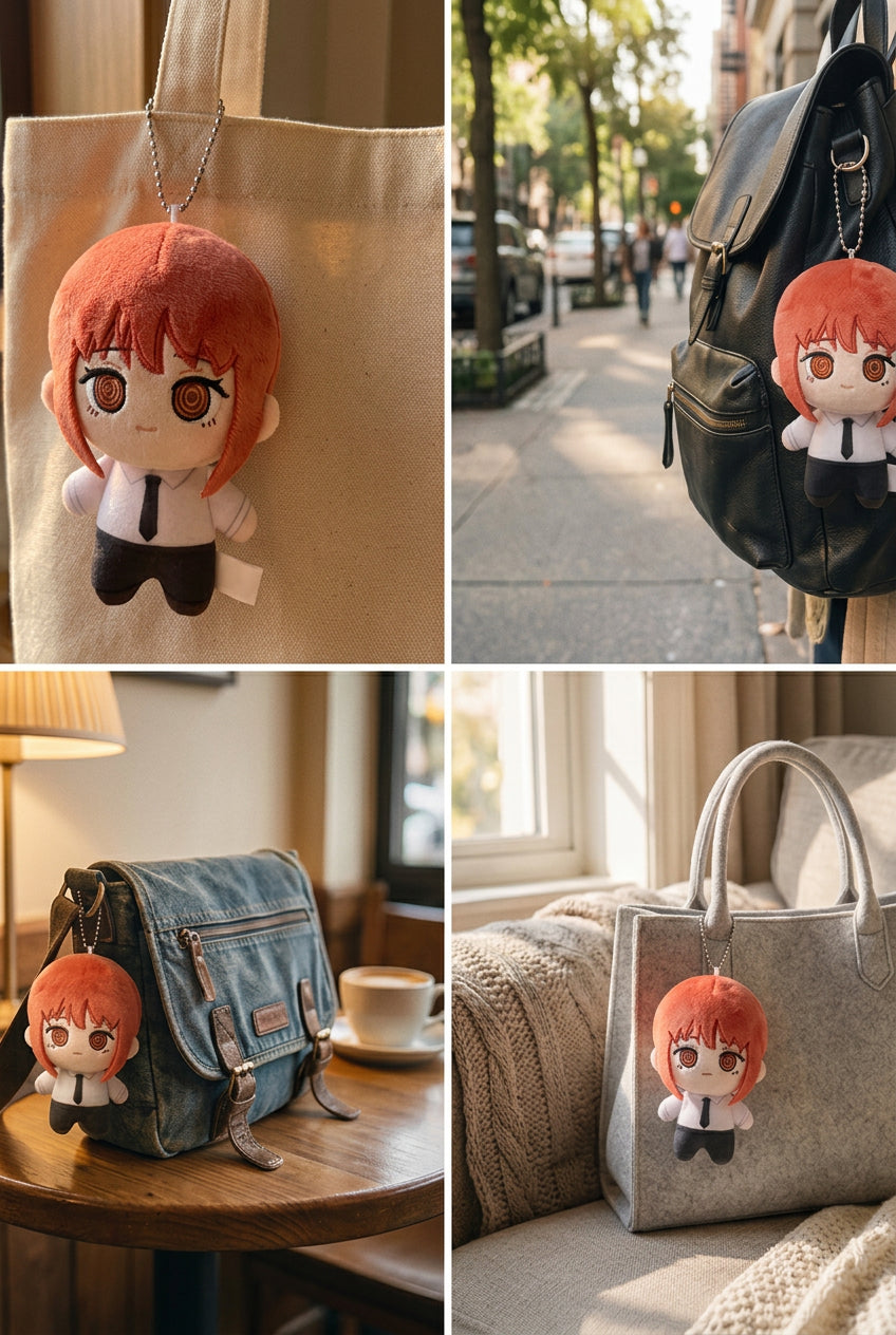 Yosida Chainsaw Man plush keychains featuring Makima, Aki, Kobeni, and Angel Devil characters on colorful backgrounds