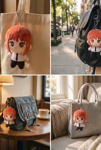 Yosida Chainsaw Man plush keychains featuring Makima, Aki, Kobeni, and Angel Devil characters on colorful backgrounds