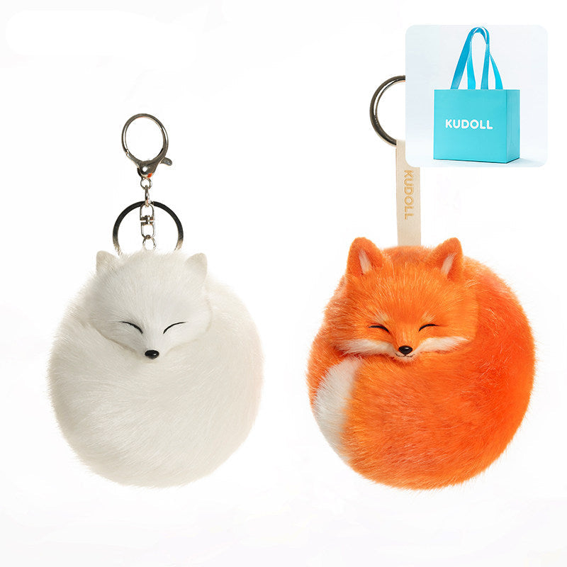 Kudoll Sleeping Fox plush keychain with red and white fox design, soft fabric bag charm featuring adorable fox details.