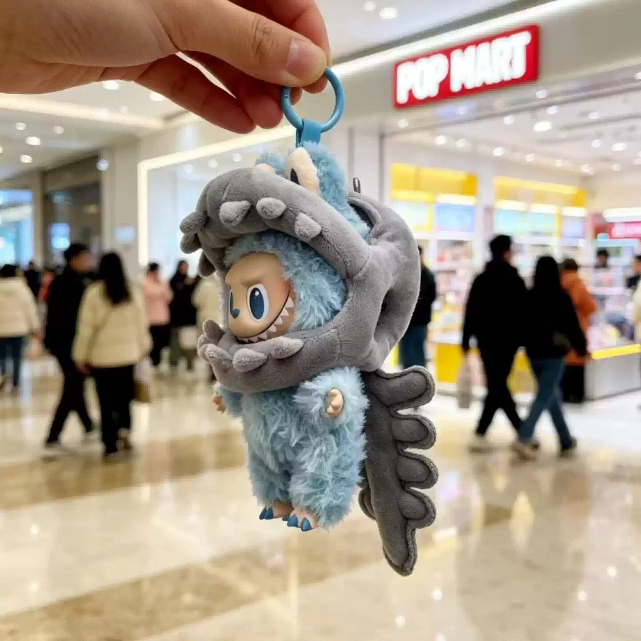 Pop Mart DIMOO and Labubu Dinosaur Skeleton plush bag charm keychains displayed together