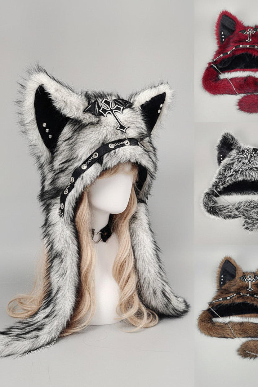 Dark Kawaii Faux Fur Cat Ear Hood Hat
