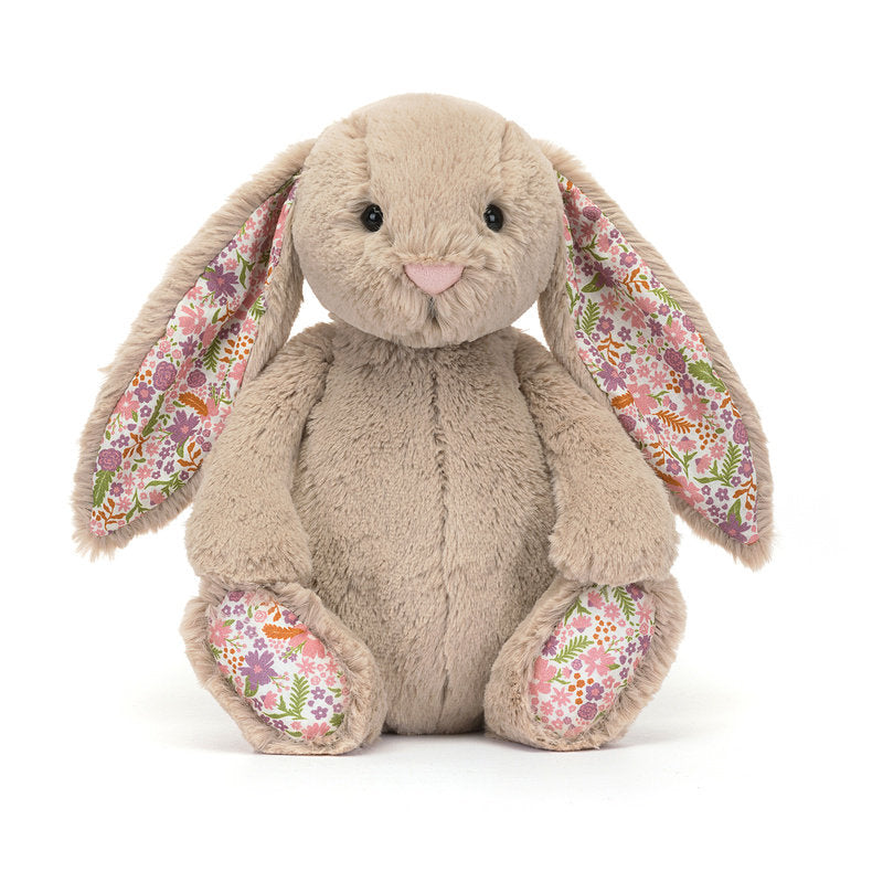 Jellycat Blossom Bunny plush rabbit with floral ears and soft feet, cuddly stuffed animal for children.