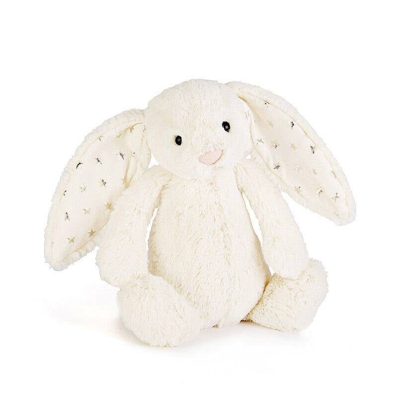 Jellycat Star Ear Bunny plush toy in white or gray with soft fur and star-shaped ears, ideal for cuddling and play.