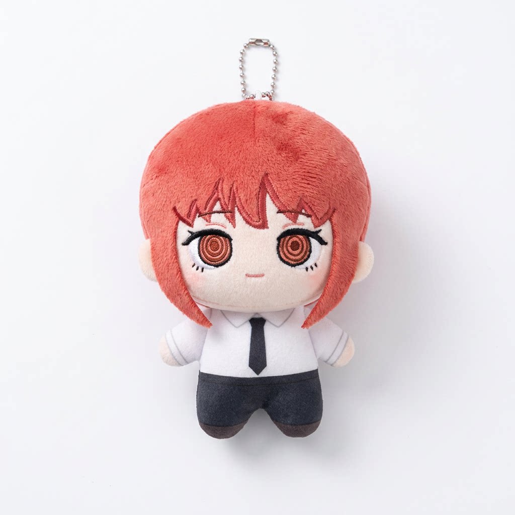 Yosida Chainsaw Man plush keychains featuring Makima, Aki, Kobeni, and Angel Devil characters on colorful background.