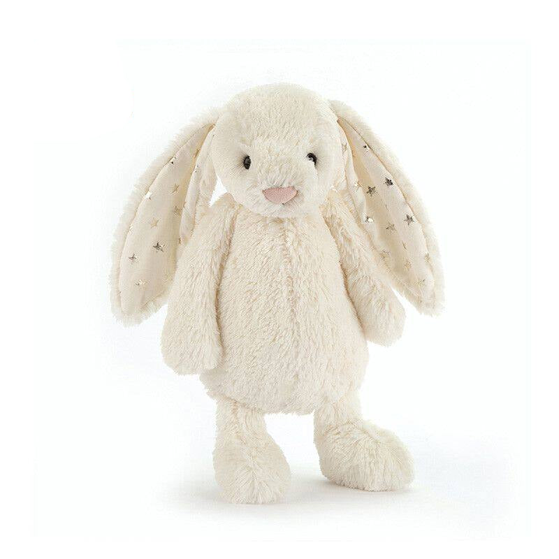 Jellycat Star Ear Bunny plush soft toy in white with gray accents, featuring star-shaped ears and a cuddly, fuzzy texture.