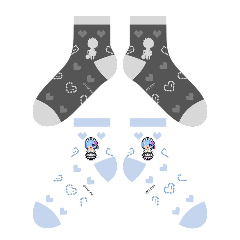 Re:Zero Rem Ram Pixel Art Anime Socks