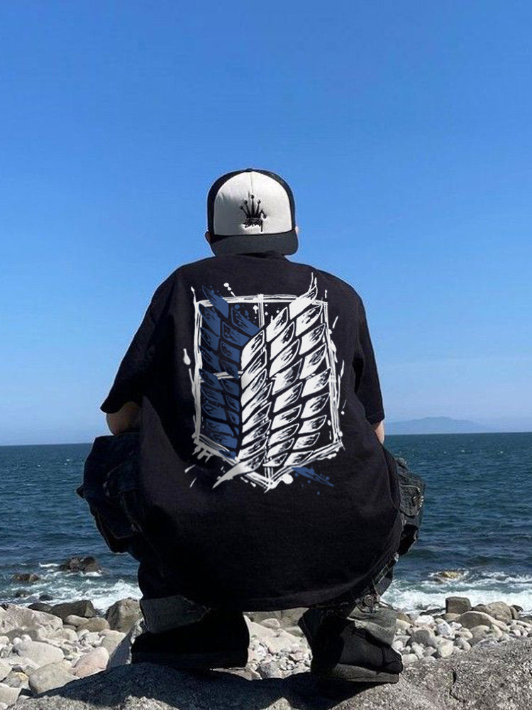 Dunlun Moshu Attack on Titan Wings of Freedom Aniem T Shirt, short sleeve, black canvas, statement tee, loose fit, crew neck