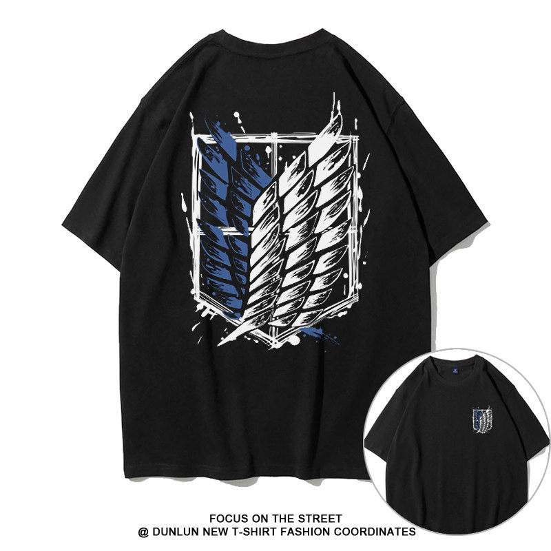 Dunlun Moshu Attack on Titan Wings of Freedom Aniem T Shirt, short sleeve, black canvas, statement tee, loose fit, crew neck
