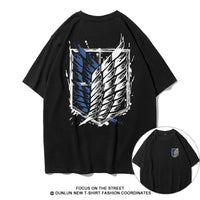 Dunlun Moshu Attack on Titan Wings of Freedom Aniem T Shirt, short sleeve, black canvas, statement tee, loose fit, crew neck