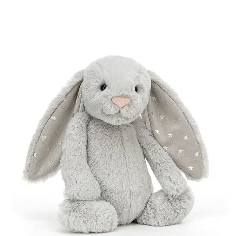 Jellycat Star Ear Bunny plush soft toy in white or gray with starry ears, cuddly and adorable for kids.