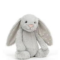 Jellycat Star Ear Bunny plush soft toy in white or gray with starry ears, cuddly and adorable for kids.