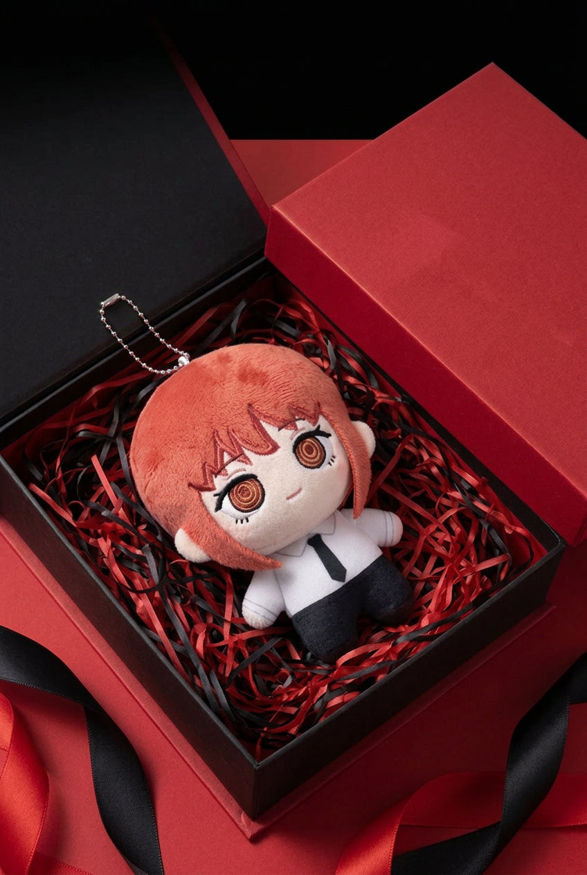 Chainsaw Man plush keychains featuring Makima, Aki, Kobeni, and Angel Devil, with colorful, detailed character designs by Yosida.