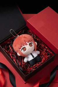 Chainsaw Man plush keychains featuring Makima, Aki, Kobeni, and Angel Devil, with colorful, detailed character designs by Yosida.