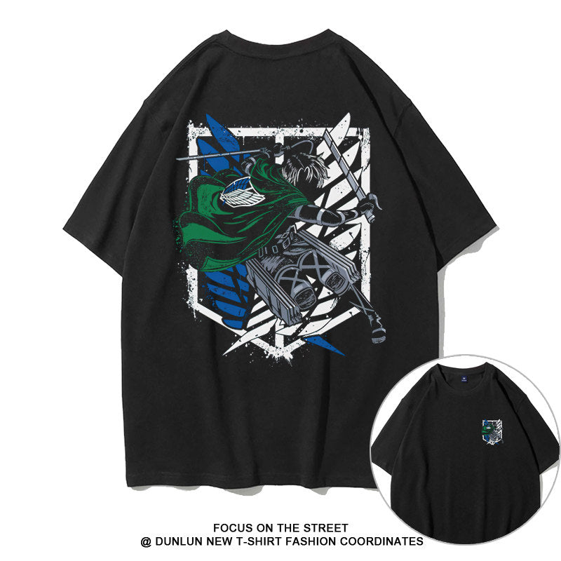Dunlun Moshu Attack on Titan Wings of Freedom Aniem T Shirt, short sleeve, black canvas, statement tee, loose fit, crew neck
