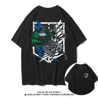 Dunlun Moshu Attack on Titan Wings of Freedom Aniem T Shirt, short sleeve, black canvas, statement tee, loose fit, crew neck