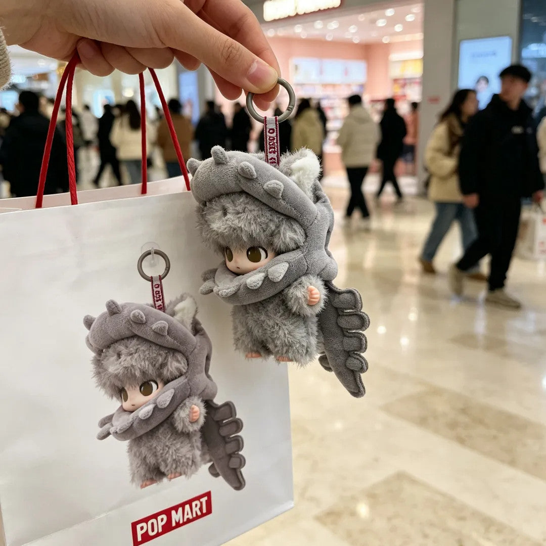 Pop Mart DIMOO and Labubu dinosaur skeleton plush bag charm keychains in assorted character designs