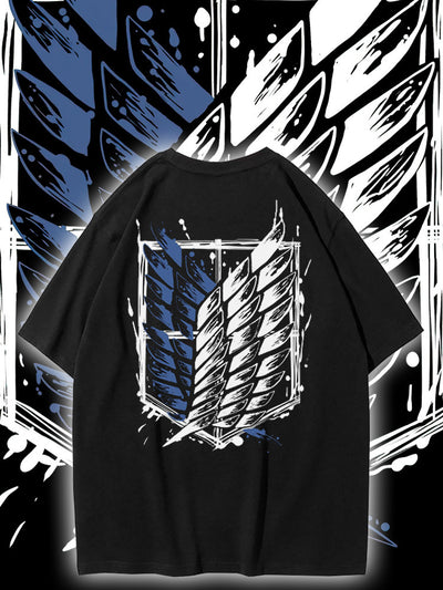 Dunlun Moshu Attack on Titan Wings of Freedom Aniem T Shirt, short sleeve, black canvas, statement tee, loose fit, crew neck