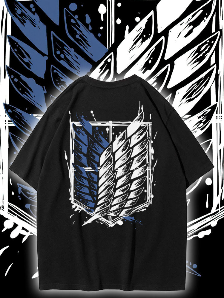 Dunlun Moshu Attack on Titan Wings of Freedom Aniem T Shirt, short sleeve, black canvas, statement tee, loose fit, crew neck
