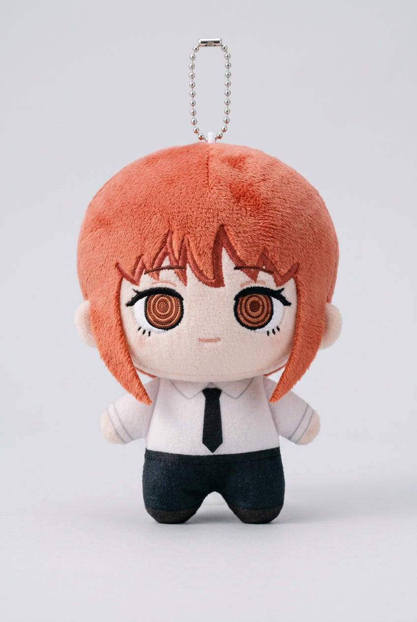 Yosida Chainsaw Man plush keychains featuring Makima, Aki, Kobeni, and Angel Devil with colorful designs and detailed character faces.