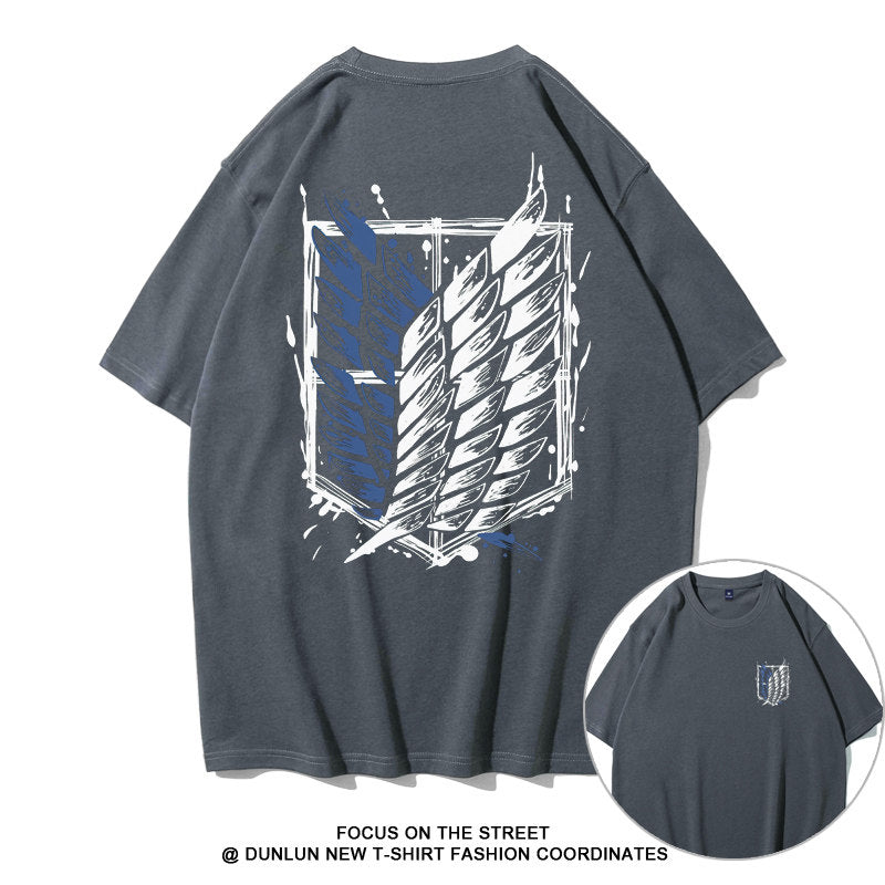 Dunlun Moshu Attack on Titan Wings of Freedom Aniem T Shirt, short sleeve, black canvas, statement tee, loose fit, crew neck