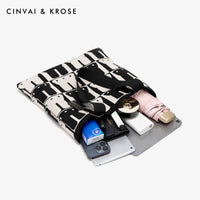 Multifunctional pouch with various items including a phone, wallet, and umbrella, branded 'Cinvai & Krose'.
