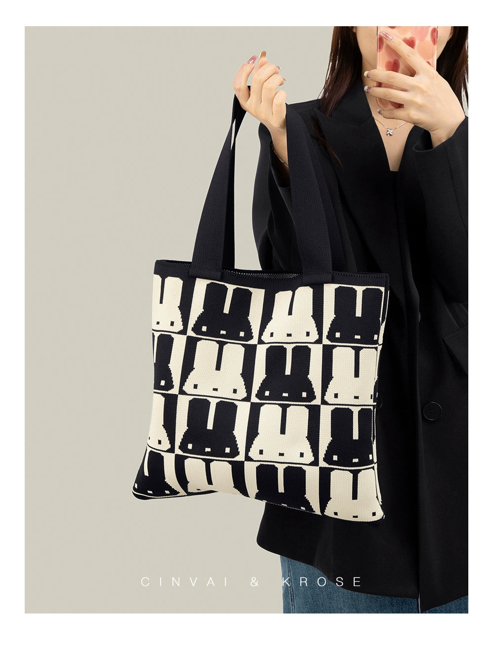 Cinvai Krose Anime Rabbit Tote Bag Knitted Design - FIHEROE.